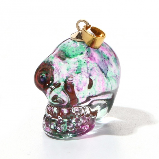 Picture of Lampwork Glass Halloween Pendants Multicolor Skull 3D 3.2cm x 1.9cm, 1 Piece