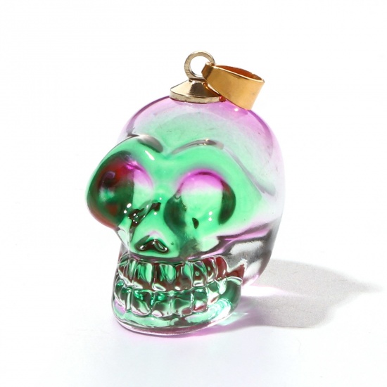 Immagine di Lampwork Vetro Lampwork Charm Halloween Ciondoli Cranio Verde 3D 3.2cm x 1.9cm, 1 Pz