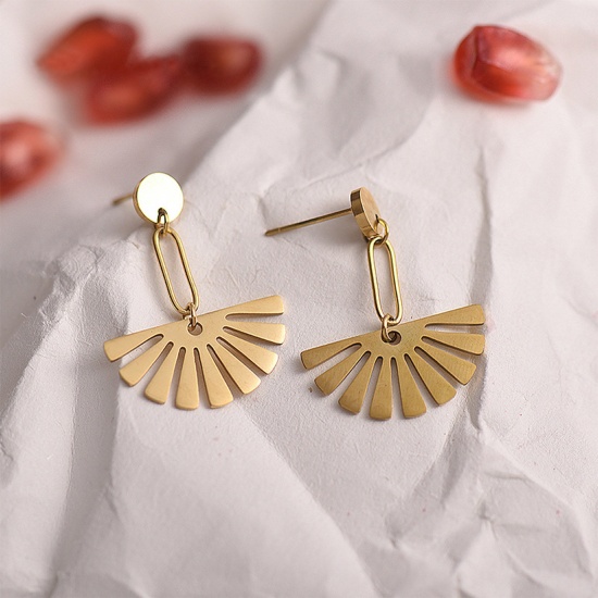 Picture of 316 Stainless Steel Stylish Ear Post Stud Earrings Gold Plated Fan-shaped Hollow 3cm x 2.3cm, Post/ Wire Size: (20 gauge), 1 Pair