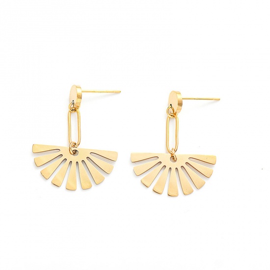 Picture of 316 Stainless Steel Stylish Ear Post Stud Earrings Gold Plated Fan-shaped Hollow 3cm x 2.3cm, Post/ Wire Size: (20 gauge), 1 Pair