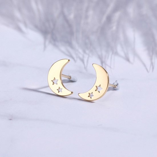 Picture of 304 Stainless Steel Galaxy Ear Post Stud Earrings Gold Plated Half Moon Star Hollow 10mm x 7mm, Post/ Wire Size: (20 gauge), 1 Pair