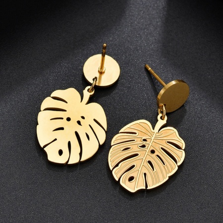 Boucles d'Oreilles Puces en 304 Acier Inoxydable Élégant Plaqué Or 18K Feuille de Monstère Creux 28mm x 16mm , Epaisseur de Fil: (20 gauge), 1 Paire