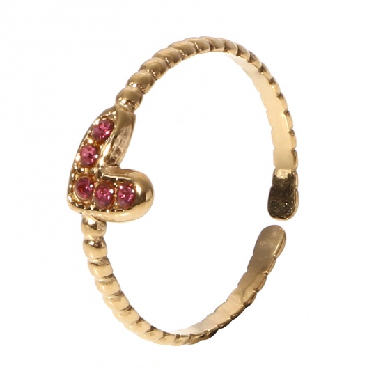 Picture of 1 Piece Eco-friendly PVD Vacuum Plating Stylish Birthstone Gold Plated 304 Stainless Steel Open Adjustable Heart October Micro Pave Rings For Women Gift 16.9mm(US Size 6.5)