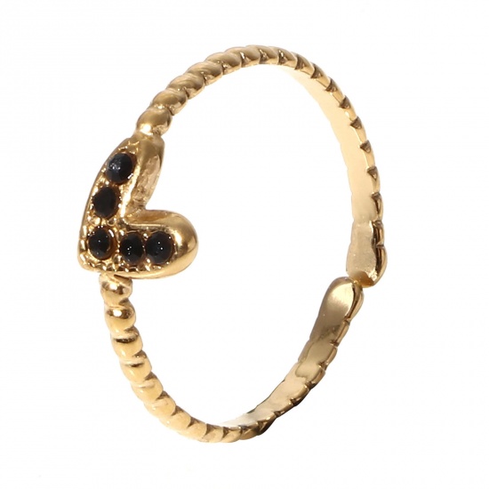 Picture of 1 Piece Eco-friendly PVD Vacuum Plating Stylish Birthstone Gold Plated 304 Stainless Steel Open Adjustable Heart Heart Micro Pave Rings For Women Gift 16.9mm(US Size 6.5)