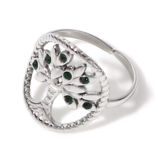 Picture of 304 Stainless Steel Birthstone Open Adjustable Rings Silver Tone Tree Of Life May Hollow Green Rhinestone 16.5mm(US Size 6), 1 Piece