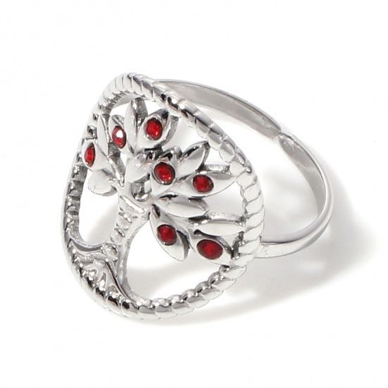 Picture of 304 Stainless Steel Birthstone Open Adjustable Rings Silver Tone Tree Of Life July Hollow Red Rhinestone 16.5mm(US Size 6), 1 Piece