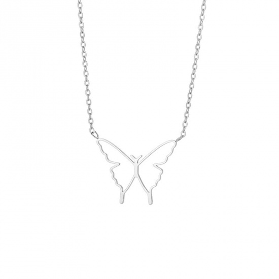 Picture of 304 Stainless Steel Stylish Rolo Chain Necklace Silver Tone Butterfly Animal 38cm(15") long, 1 Piece