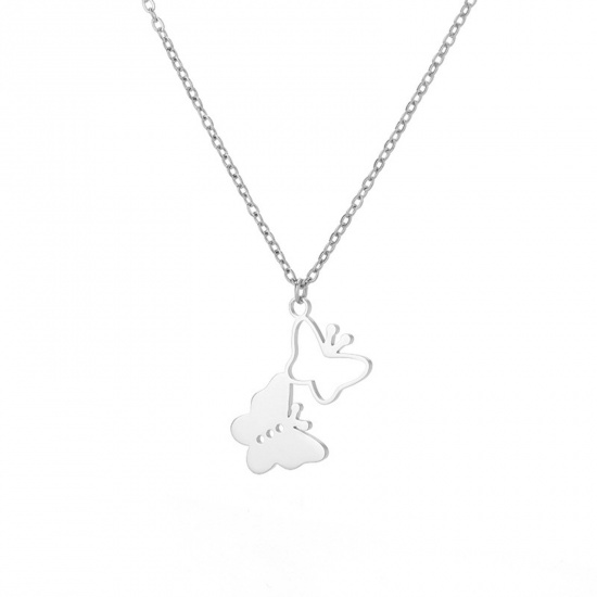 Picture of 304 Stainless Steel Stylish Rolo Chain Necklace Silver Tone Butterfly Animal 38cm(15") long, 1 Piece