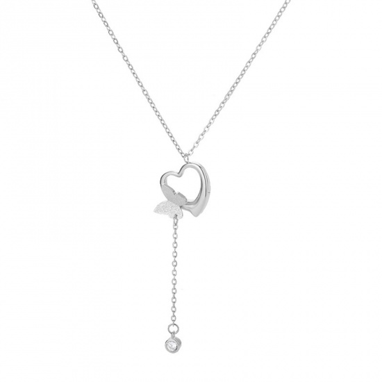 Picture of 304 Stainless Steel Stylish Rolo Chain Necklace Silver Tone Butterfly Animal Heart 38cm(15") long, 1 Piece