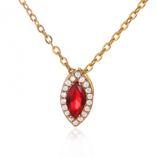 Picture of 304 Stainless Steel Birthstone Rolo Chain Necklace Gold Plated Marquise January Red Rhinestone 38cm(15") long, 1 Piece