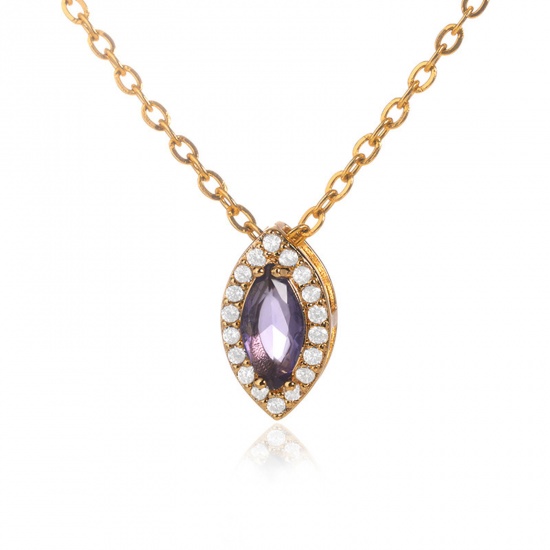 Picture of 304 Stainless Steel Birthstone Rolo Chain Necklace Gold Plated Marquise February Deep Purple Rhinestone 38cm(15") long, 1 Piece