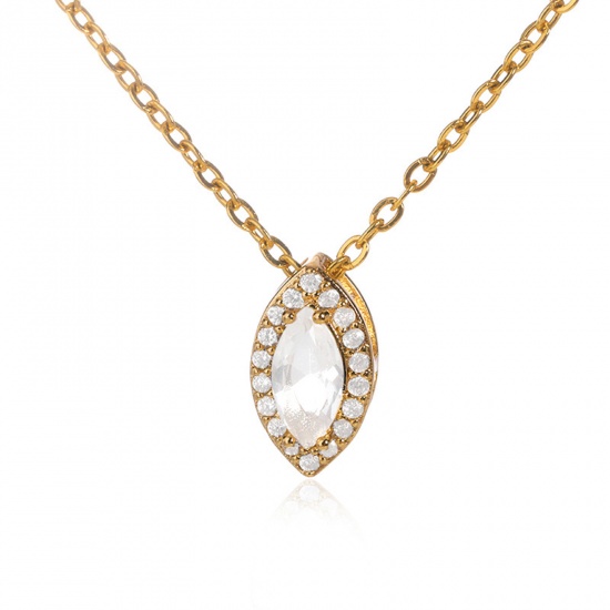 Picture of 304 Stainless Steel Birthstone Rolo Chain Necklace Gold Plated Marquise April White Rhinestone 38cm(15") long, 1 Piece