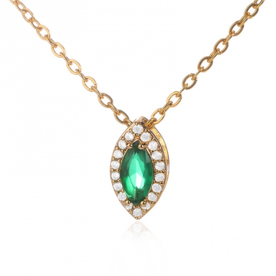Picture of 304 Stainless Steel Birthstone Rolo Chain Necklace Gold Plated Marquise May Deep Green Rhinestone 38cm(15") long, 1 Piece