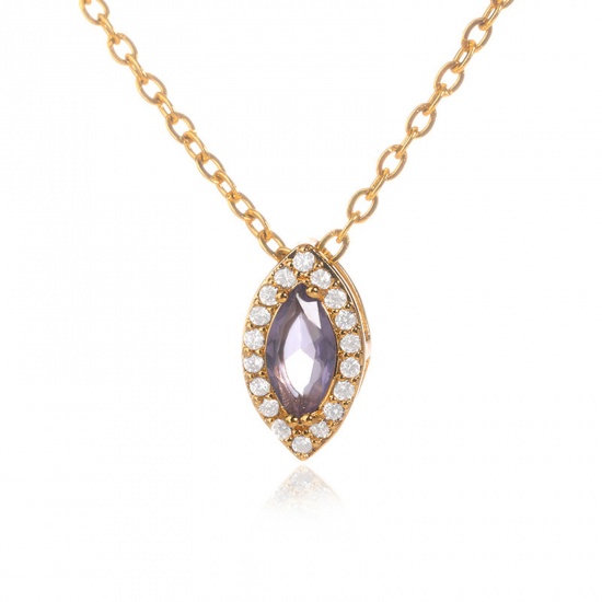 Picture of 304 Stainless Steel Birthstone Rolo Chain Necklace Gold Plated Marquise June Mauve Rhinestone 38cm(15") long, 1 Piece