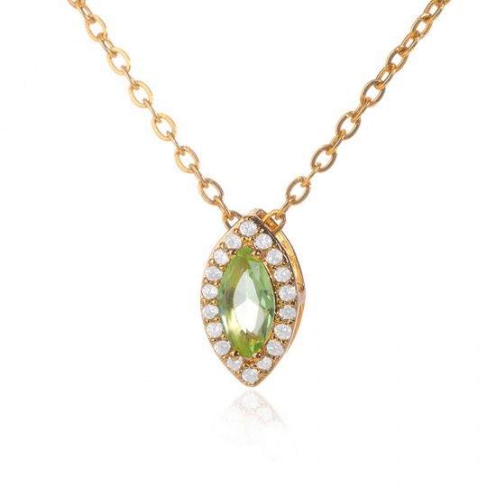 Picture of 304 Stainless Steel Birthstone Rolo Chain Necklace Gold Plated Marquise August Green Rhinestone 38cm(15") long, 1 Piece