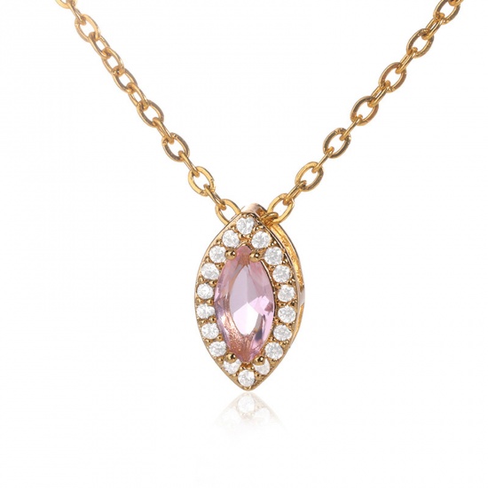 Picture of 304 Stainless Steel Birthstone Rolo Chain Necklace Gold Plated Marquise October Light Pink Rhinestone 38cm(15") long, 1 Piece