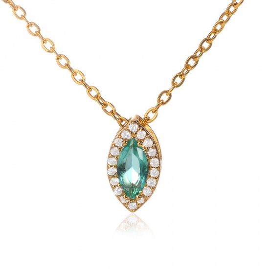 Picture of 304 Stainless Steel Birthstone Rolo Chain Necklace Gold Plated Marquise December Green Blue Rhinestone 38cm(15") long, 1 Piece
