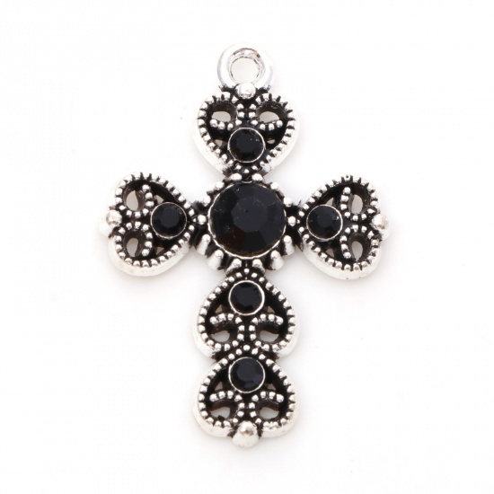 Picture of Zinc Based Alloy Religious Charms Antique Silver Color Cross Heart Hollow Black Rhinestone 29mm x 20mm, 5 PCs