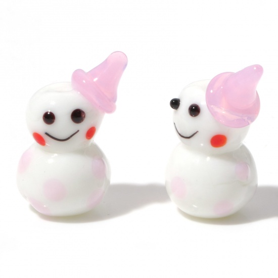 Picture of Lampwork Glass Cute Beads Christmas Snowman Pink 3D About 23mm x 15mm, Hole: Approx 1.4mm, 1 Piece