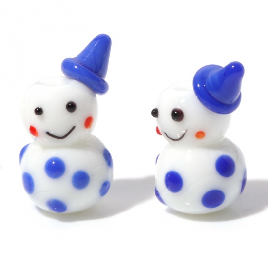 Picture of Lampwork Glass Cute Beads Christmas Snowman Royal Blue 3D About 23mm x 15mm, Hole: Approx 1.4mm, 1 Piece