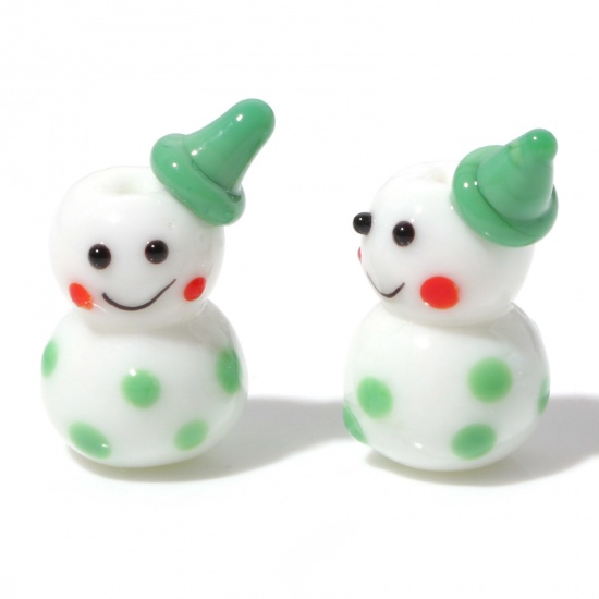 Picture of Lampwork Glass Cute Beads Christmas Snowman Green 3D About 23mm x 15mm, Hole: Approx 1.4mm, 1 Piece