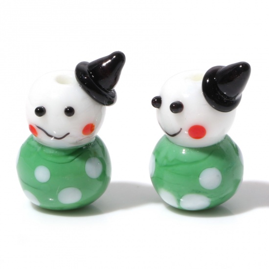 Picture of Lampwork Glass Cute Beads Christmas Snowman Green 3D About 23mm x 15mm, Hole: Approx 1.4mm, 1 Piece
