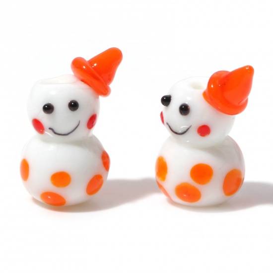 Picture of Lampwork Glass Cute Beads Christmas Snowman Orange 3D About 23mm x 15mm, Hole: Approx 1.4mm, 1 Piece