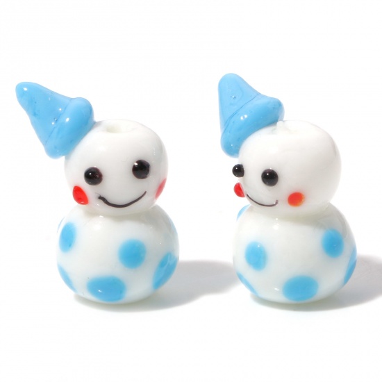 Picture of Lampwork Glass Cute Beads Christmas Snowman Blue 3D About 23mm x 15mm, Hole: Approx 1.4mm, 1 Piece