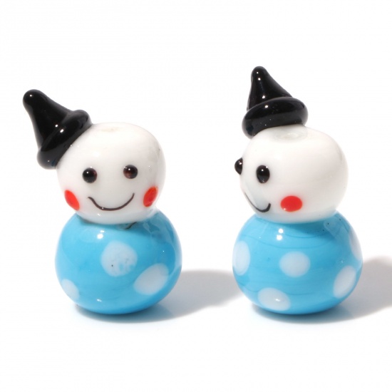Picture of Lampwork Glass Cute Beads Christmas Snowman Blue 3D About 23mm x 15mm, Hole: Approx 1.4mm, 1 Piece