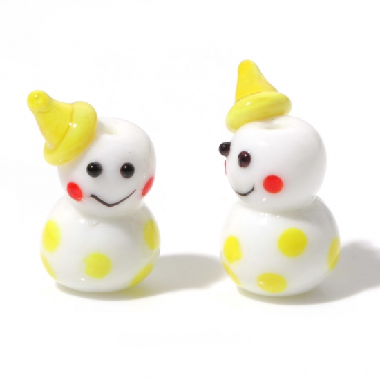 Picture of Lampwork Glass Cute Beads Christmas Snowman Yellow 3D About 23mm x 15mm, Hole: Approx 1.4mm, 1 Piece