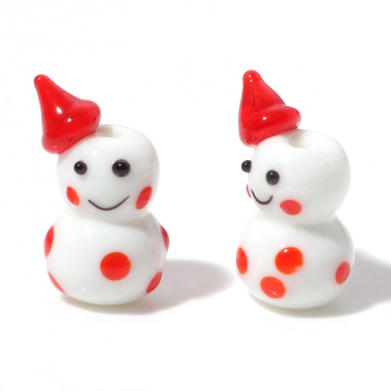 Picture of Lampwork Glass Cute Beads Christmas Snowman Red 3D About 23mm x 15mm, Hole: Approx 1.4mm, 1 Piece