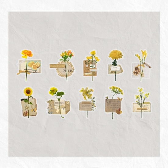 Picture of PET DIY Scrapbook Deco Stickers Yellow Flower Leaves 12.2cm x 8.5cm, 1 Packet ( 30 PCs/Packet)