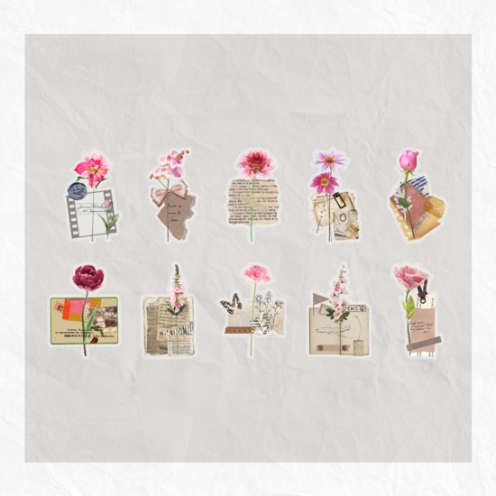 Picture of PET DIY Scrapbook Deco Stickers Pink Flower Leaves 12.2cm x 8.5cm, 1 Packet ( 30 PCs/Packet)