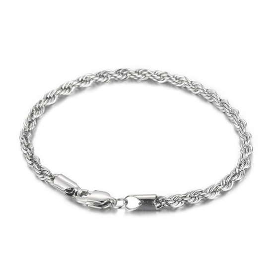 Picture of 304 Stainless Steel Simple Braided Rope Chain Bracelets Silver Tone 19cm(7 4/8") long, 4mm wide, 1 Piece