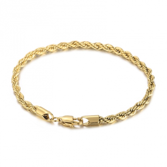 Picture of 304 Stainless Steel Simple Braided Rope Chain Bracelets Gold Plated 20cm(7 7/8") long, 4mm wide, 1 Piece