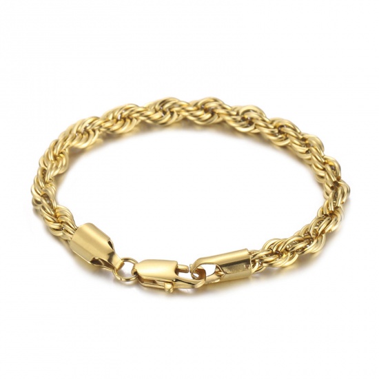 Picture of 304 Stainless Steel Simple Braided Rope Chain Bracelets Gold Plated 19cm(7 4/8") long, 6mm wide, 1 Piece