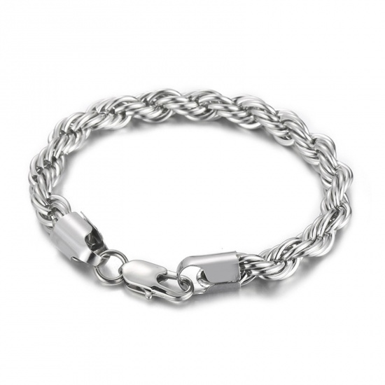 Picture of 304 Stainless Steel Simple Braided Rope Chain Bracelets Silver Tone 20cm(7 7/8") long, 8mm wide, 1 Piece