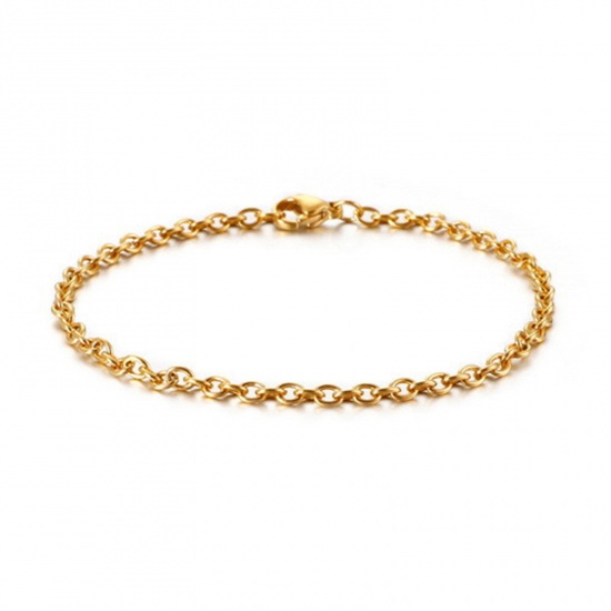 Picture of 304 Stainless Steel Simple Link Cable Chain Bracelets Gold Plated 20cm(7 7/8") long, 3mm wide, 1 Piece
