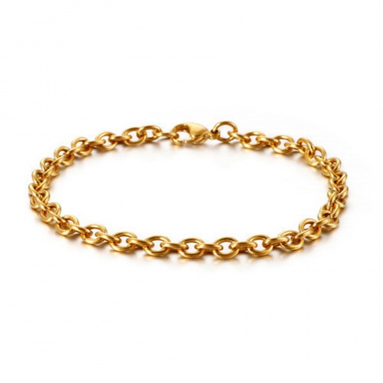 Picture of 304 Stainless Steel Simple Link Cable Chain Bracelets Gold Plated 20cm(7 7/8") long, 4.5mm wide, 1 Piece