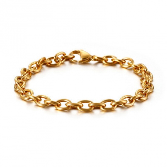 Picture of 304 Stainless Steel Simple Link Cable Chain Bracelets Gold Plated 20cm(7 7/8") long, 6mm wide, 1 Piece