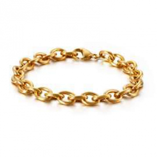 Picture of 304 Stainless Steel Simple Link Cable Chain Bracelets Gold Plated 20cm(7 7/8") long, 8mm wide, 1 Piece