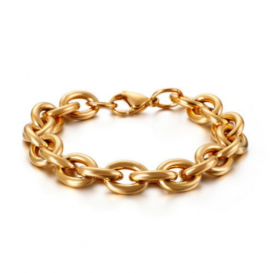 Picture of 304 Stainless Steel Simple Link Cable Chain Bracelets Gold Plated 20cm(7 7/8") long, 11mm wide, 1 Piece
