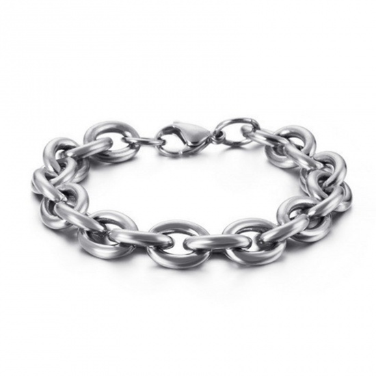 Picture of 304 Stainless Steel Simple Link Cable Chain Bracelets Silver Tone 20cm(7 7/8") long, 11mm wide, 1 Piece