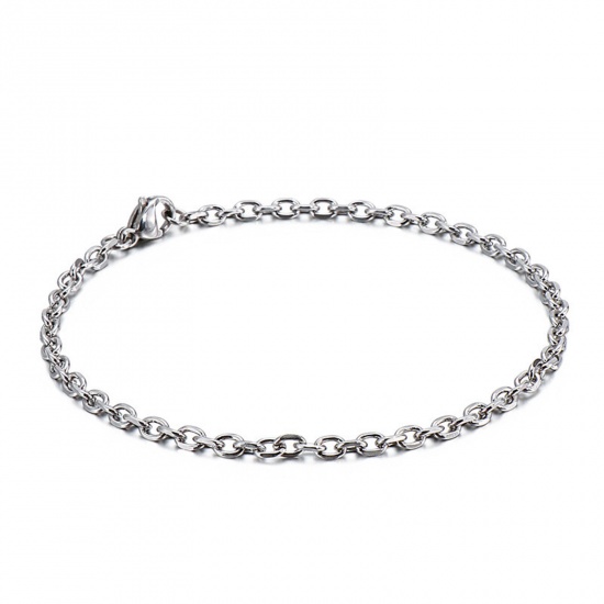 Picture of 304 Stainless Steel Simple Link Cable Chain Bracelets Silver Tone 20cm(7 7/8") long, 3mm wide, 1 Piece