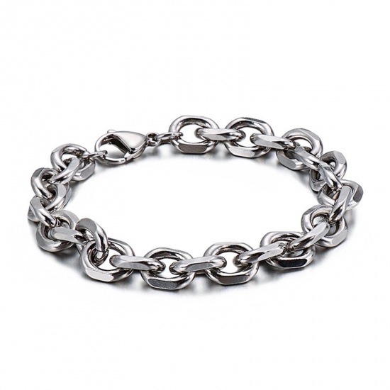 Picture of 304 Stainless Steel Simple Link Cable Chain Bracelets Silver Tone 20cm(7 7/8") long, 9mm wide, 1 Piece