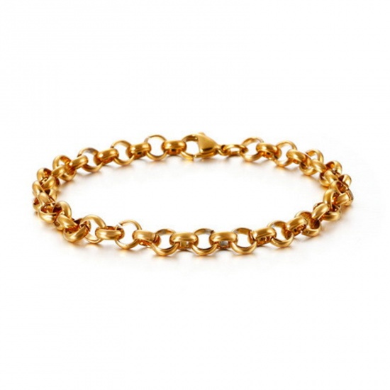 Picture of 304 Stainless Steel Simple Rolo Chain Bracelets Gold Plated 20cm(7 7/8") long, 6mm wide, 1 Piece