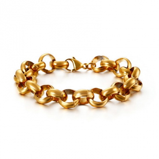 Picture of 304 Stainless Steel Simple Rolo Chain Bracelets Gold Plated 20cm(7 7/8") long, 12mm wide, 1 Piece