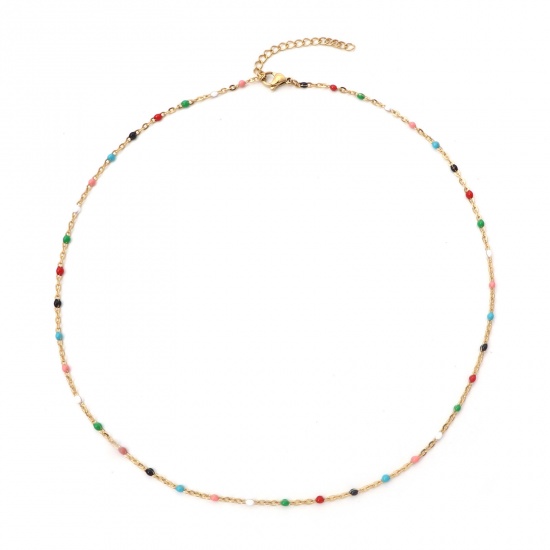 Picture of 304 Stainless Steel Link Cable Chain Necklace Gold Plated Multicolor Enamel 45cm(17 6/8") long, 1 Piece