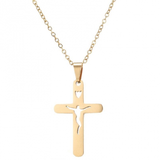 Picture of 201 Stainless Steel Stylish Link Cable Chain Necklace Gold Plated Cross 45cm(17 6/8") long, 1 Piece
