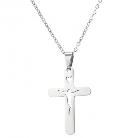 Picture of 201 Stainless Steel Stylish Link Cable Chain Necklace Silver Tone Cross 45cm(17 6/8") long, 1 Piece